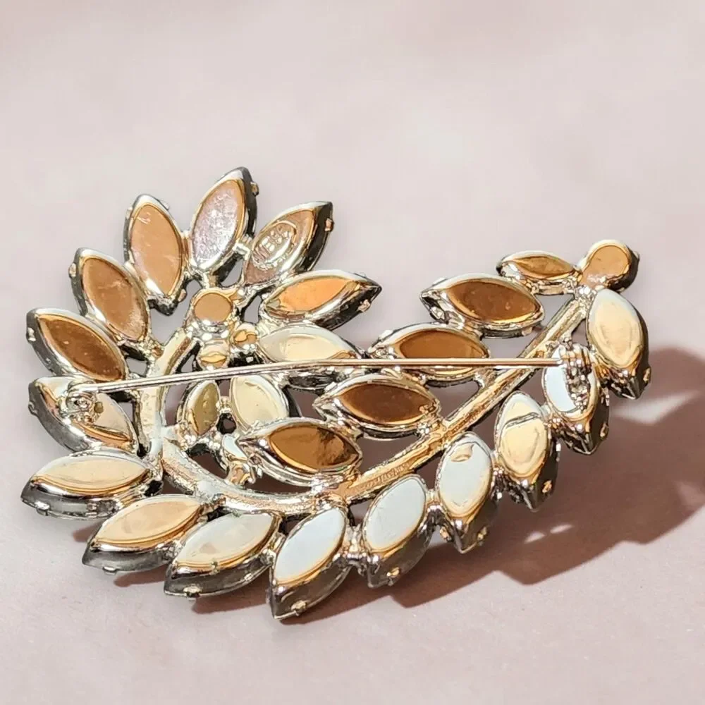 VTG AB Rhinestone Floral Leaf Brooch Pin Large 3